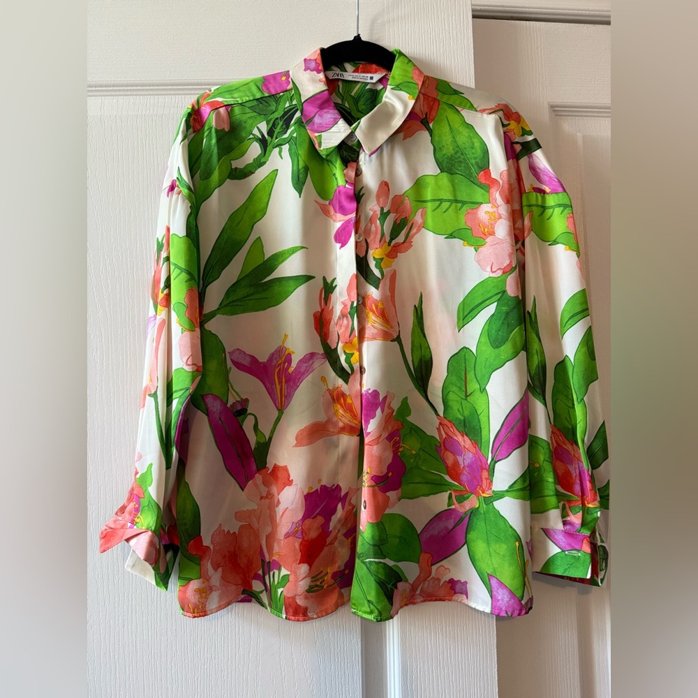 Zara Green and Pink Floral Button Down Shirt